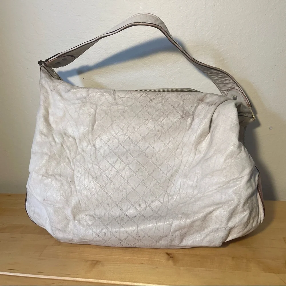 L.A.M.B. White Leather Hobo with Tan and Black Stripes